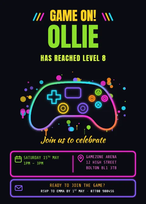 Neon gaming birthday: printable design preview