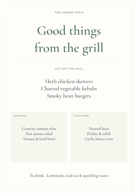 Good things from the grill – barbecue menu: printable design preview