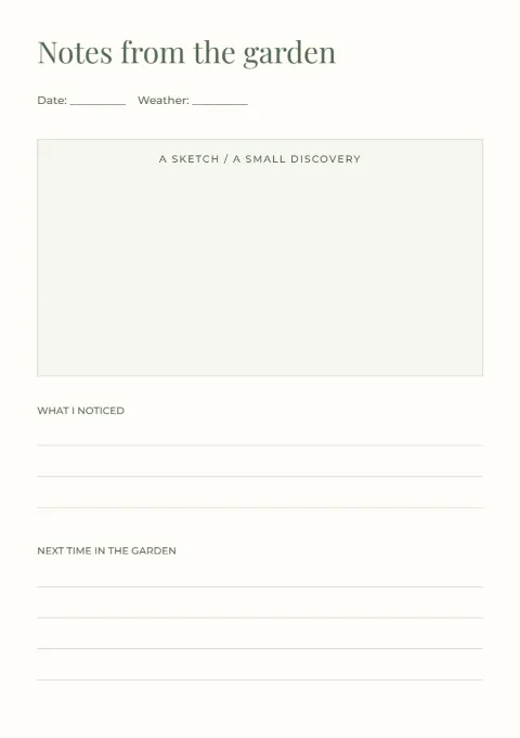 Notes from the garden – observation page: printable design preview
