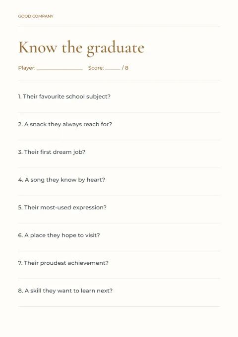 Know the graduate – eight-question quiz: printable design preview