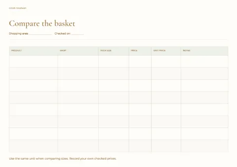Compare the basket – grocery price notes: printable design preview