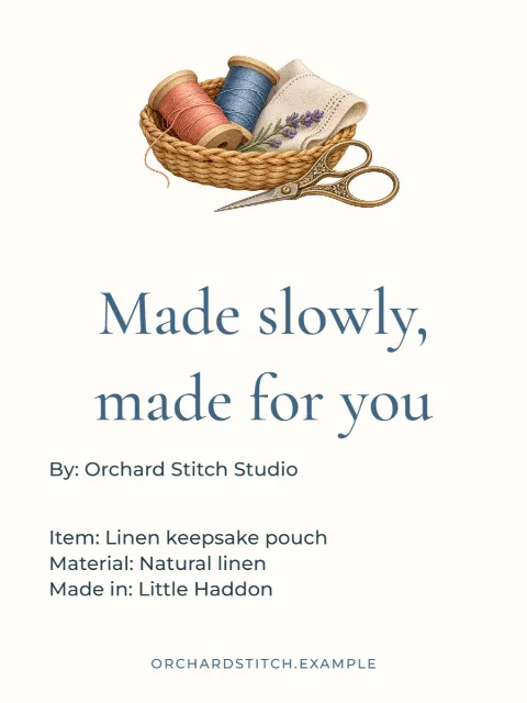 Made slowly, made for you – product story tag: printable design preview