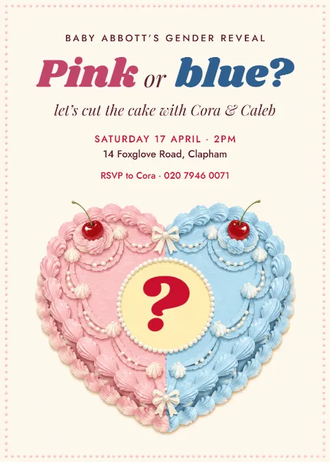 Heart cake club – gender reveal party invitation: printable design preview