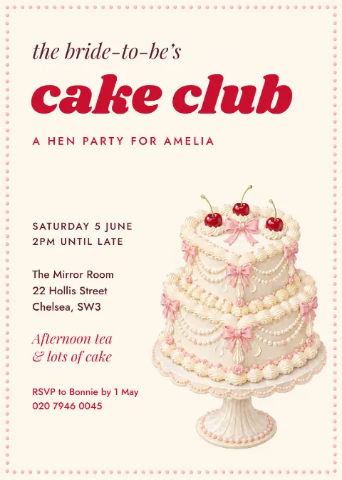 Heart cake club – hen party invitation: printable design preview