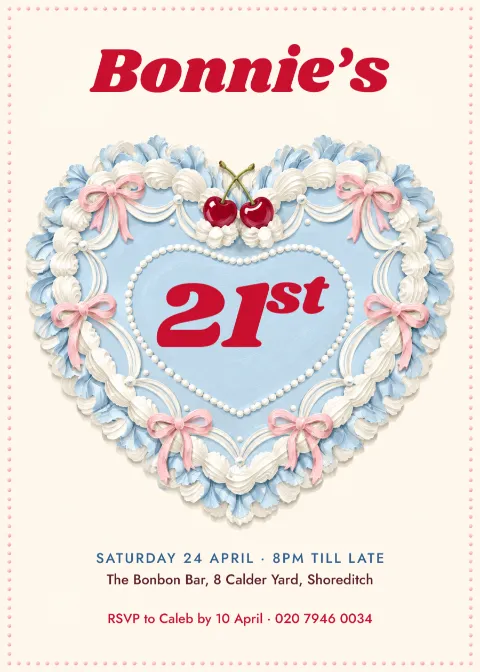 Heart cake club – 21st birthday invitation: printable design preview