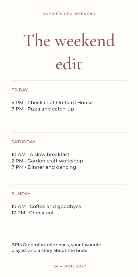 The weekend edit – hen itinerary: printable design preview