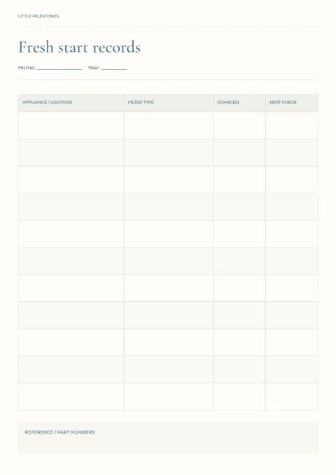 Fresh start records – home filter tracker: printable design preview