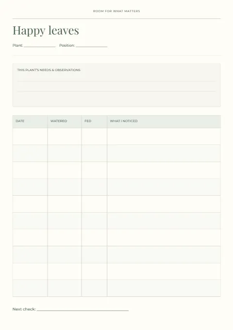 Happy leaves – houseplant care log: printable design preview