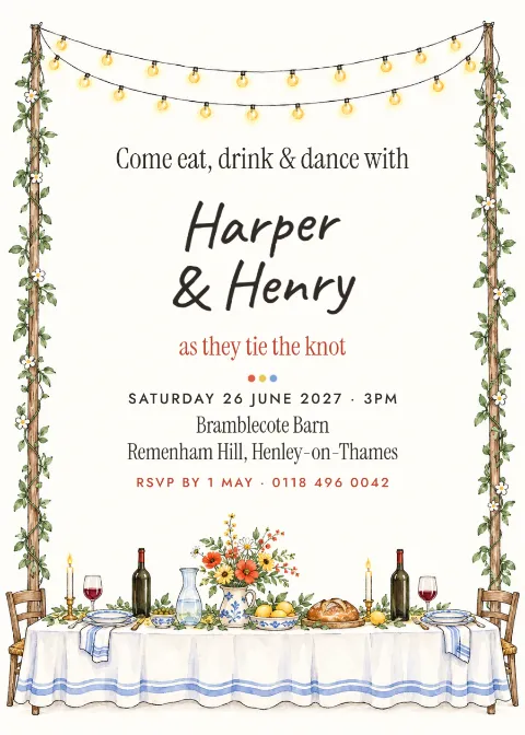 Ink & wash long table – wedding invitation: printable design preview