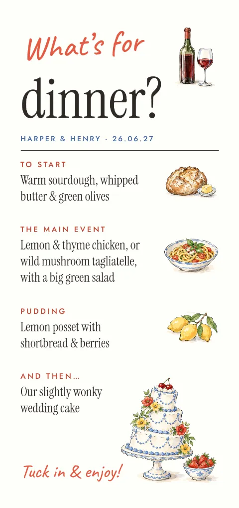Ink & wash wonky cake – wedding breakfast menu: printable design preview
