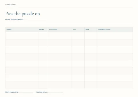 Pass the puzzle on – swap tracker: printable design preview