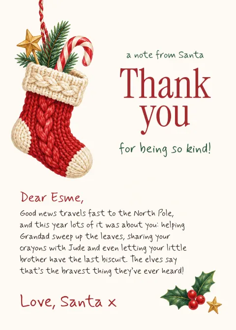 Kind heart stocking – thank-you note from Santa: printable design preview