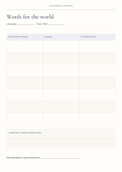 Words for the world – language journal: printable design preview
