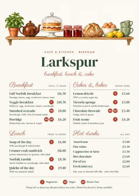 Larkspur – café menu with food and drinks: printable design preview