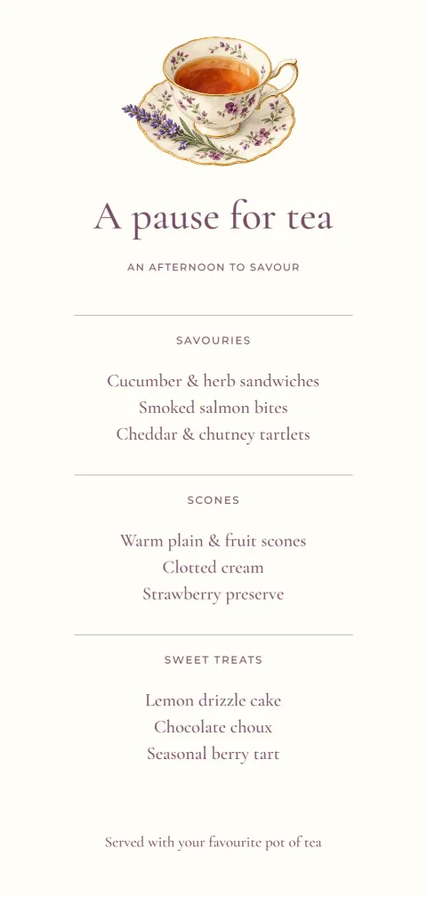 A pause for tea – afternoon tea menu: printable design preview