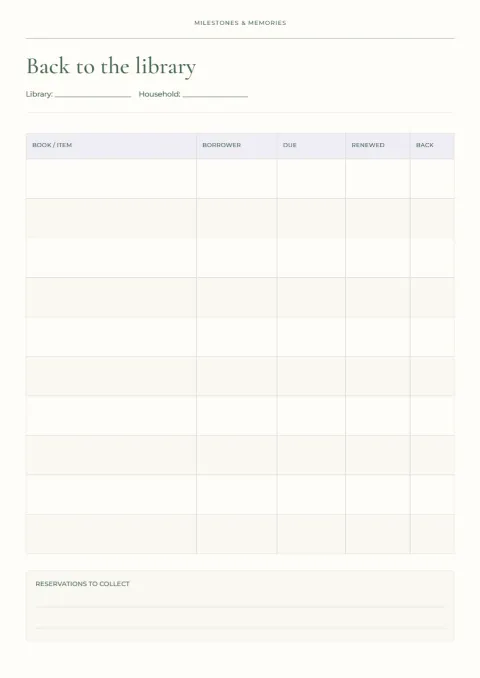 Back to the library – borrowing tracker: printable design preview