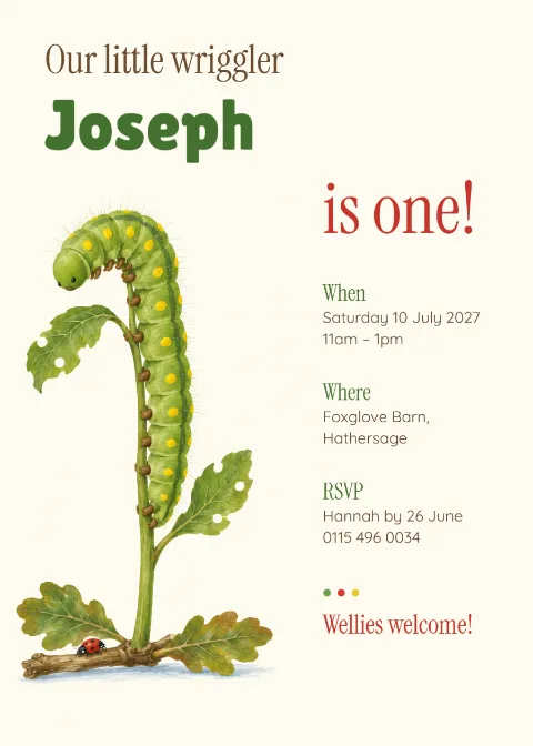 Little wriggler – caterpillar 1st birthday invitation: printable design preview