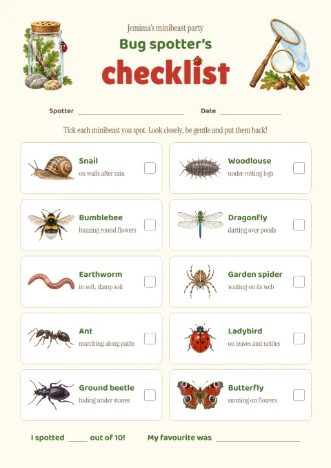 Bug spotter’s checklist – minibeast party sheet: printable design preview