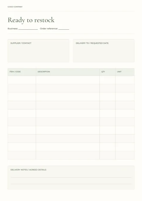 Ready to restock – supplier order sheet: printable design preview