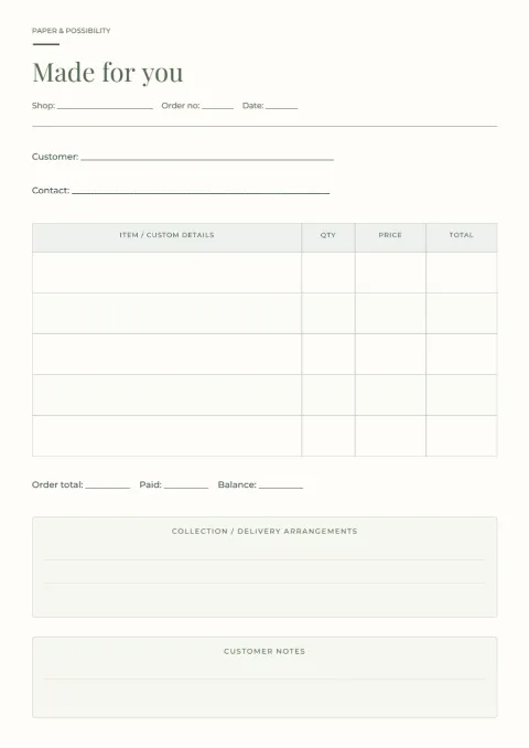 Made for you – market order form: printable design preview