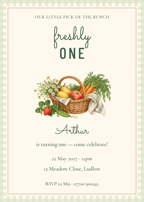Market Morning – first birthday invitation: printable design preview