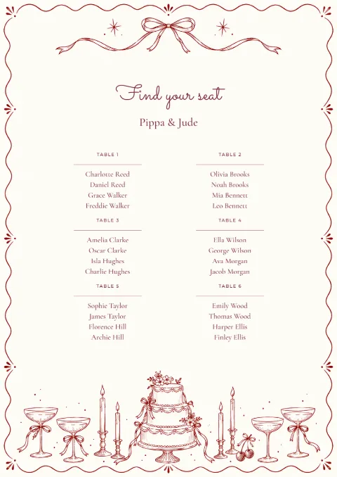 Merlot doodles – seating plan: printable design preview