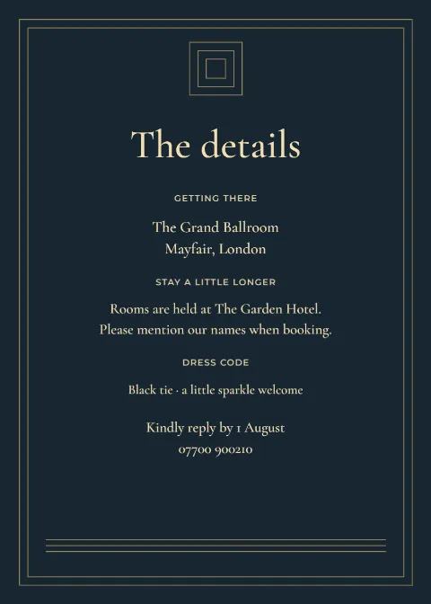 Midnight deco – wedding details card: printable design preview