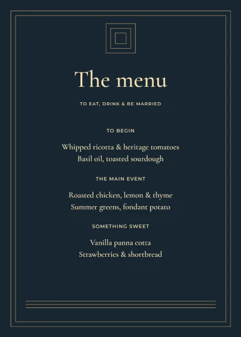 Midnight deco – wedding menu: printable design preview