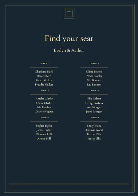 Midnight deco – seating plan: printable design preview