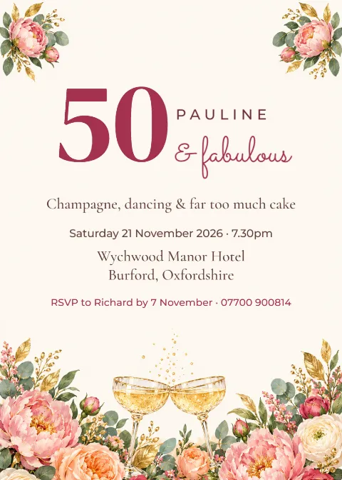 Champagne blooms – 50th birthday party invitation: printable design preview