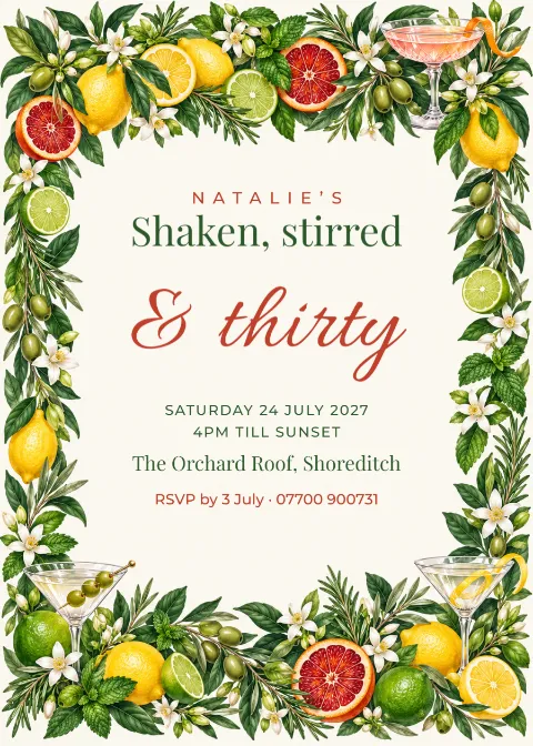 Cocktail garden – 30th birthday invitation: printable design preview
