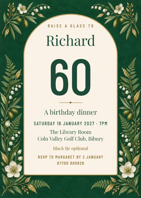 Emerald botanical – 60th birthday dinner invitation: printable design preview