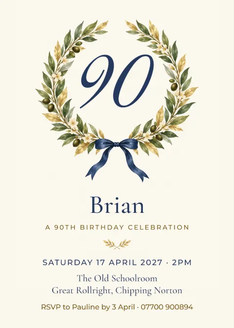 Gilded laurel – 90th birthday celebration invitation: printable design preview