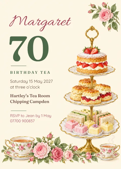 Rose tea – 70th birthday afternoon tea invitation: printable design preview