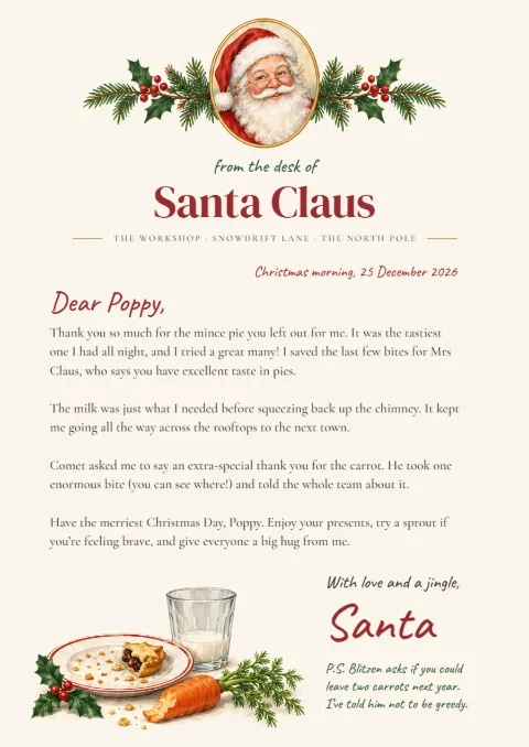 Mince pie thanks – thank-you letter from Santa: printable design preview