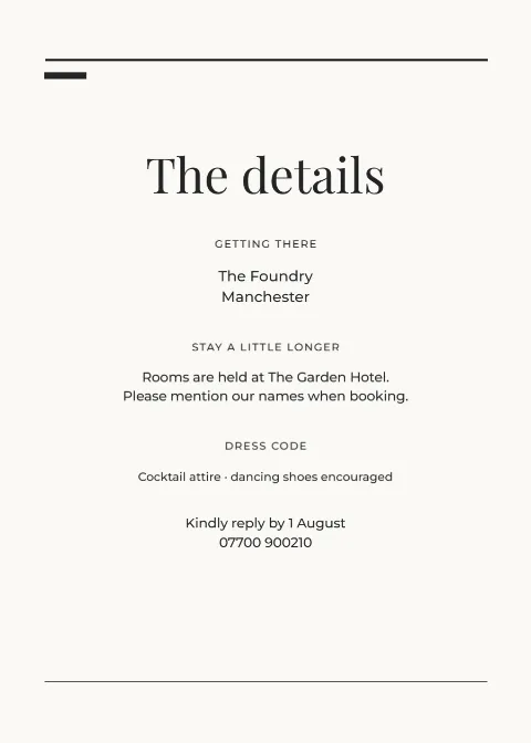 Modern editorial – wedding details card: printable design preview