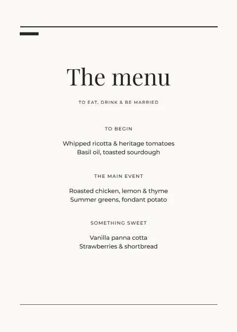 Modern editorial – wedding menu: printable design preview