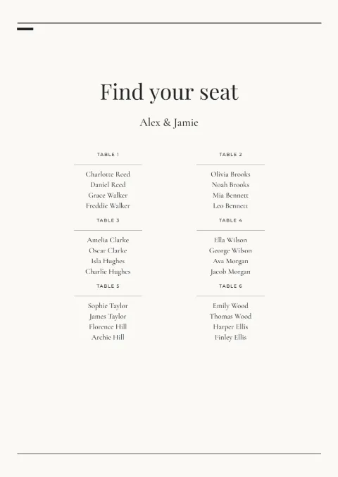 Modern editorial – seating plan: printable design preview
