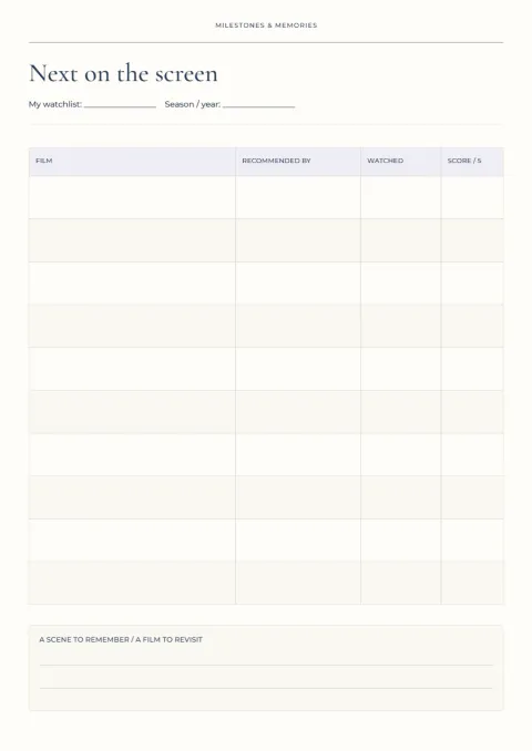 Next on the screen – film watchlist: printable design preview