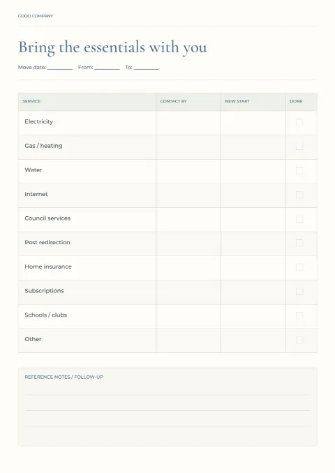 Bring the essentials with you – moving services: printable design preview