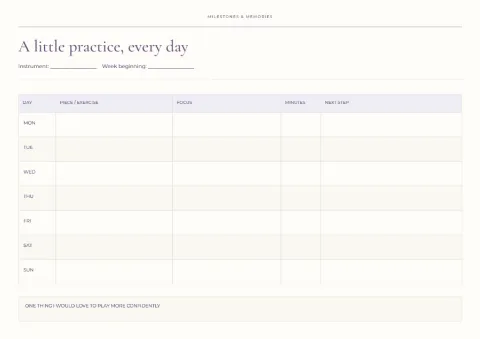 A little practice, every day – music log: printable design preview