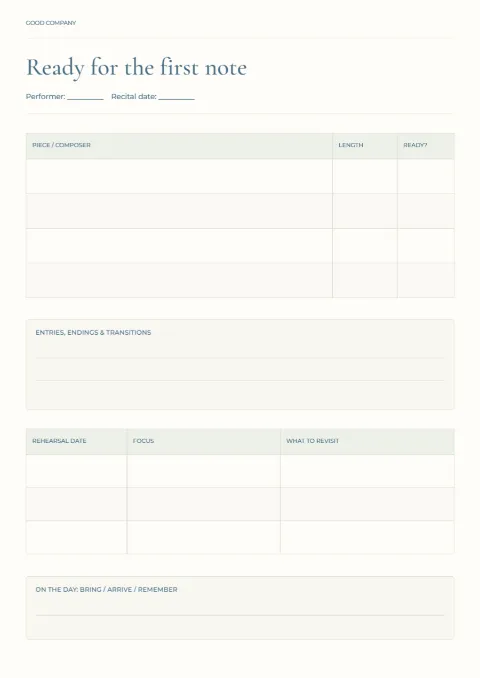 Ready for the first note – recital rehearsal: printable design preview