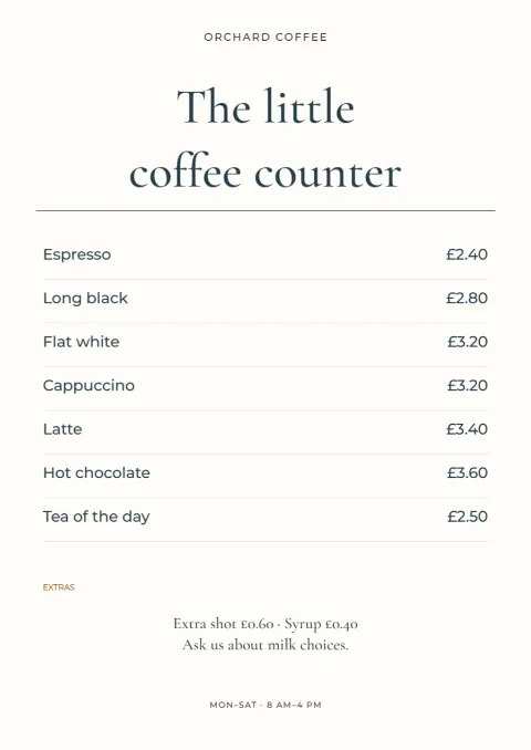 The little coffee counter – drinks menu: printable design preview
