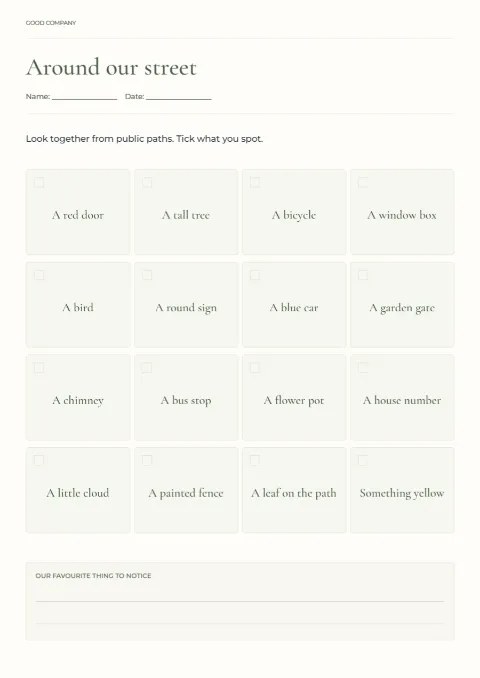 Around our street – family observation game: printable design preview
