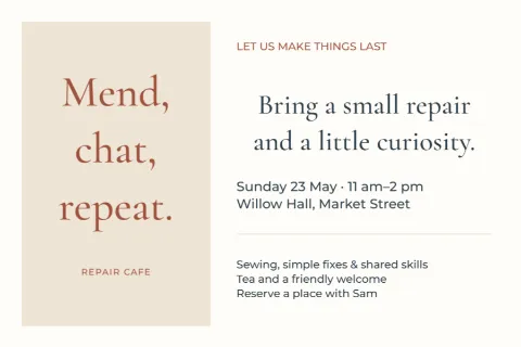Mend, chat, repeat – repair café invitation: printable design preview