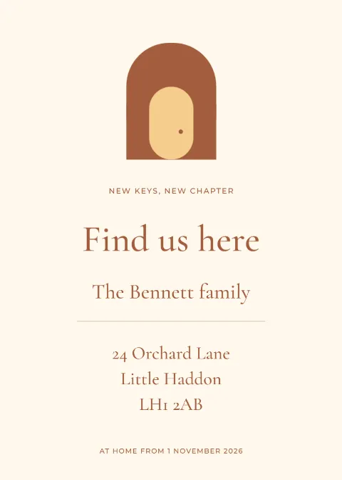 Find us here – new address card: printable design preview