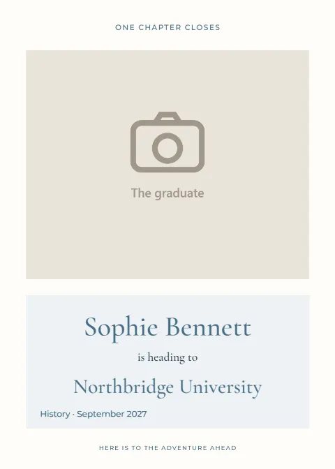 Next stop, a new adventure – college announcement: printable design preview