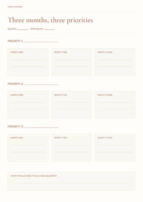 Three months, three priorities – quarterly plan: printable design preview