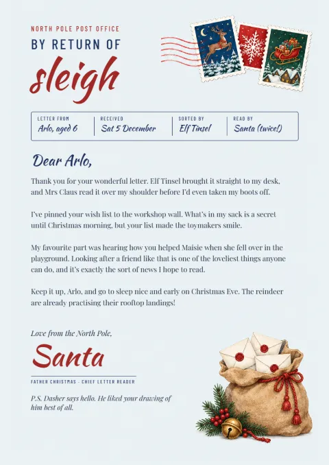 North Pole post – reply letter from Santa: printable design preview