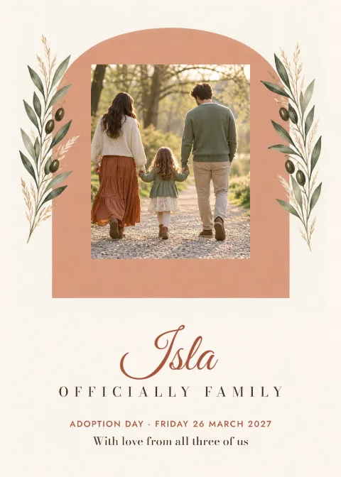 Olive arch – officially family adoption announcement: printable design preview